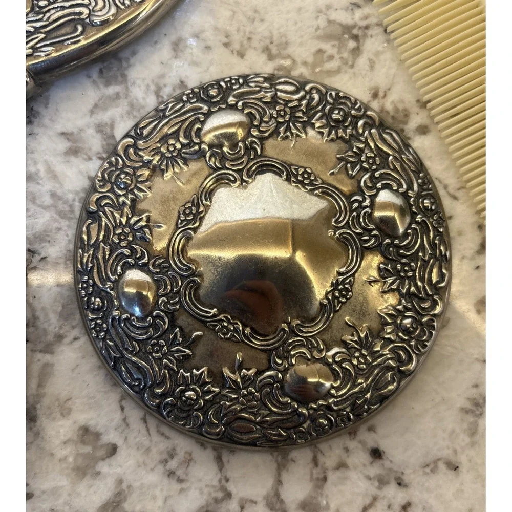 VTG Silver Plate Vanity Mirror Set Hand Mirror Round Mirror‎ Comb Ornate Floral
